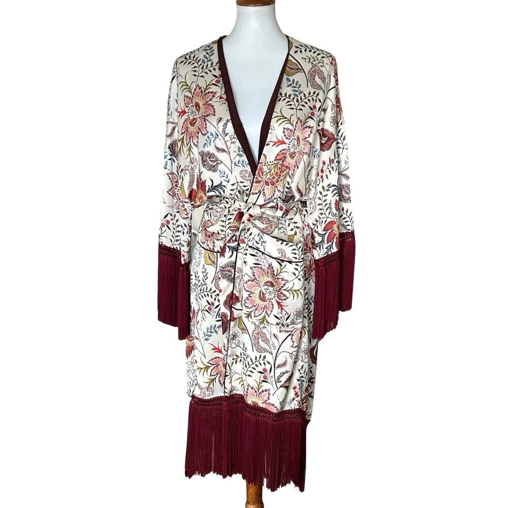 Boho Floral Fringe Kimono Robe Duster Statement Jacket One Size